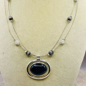 New York & Company Silver Tone Wire Necklace with Black Moonstone Pendant& Beads